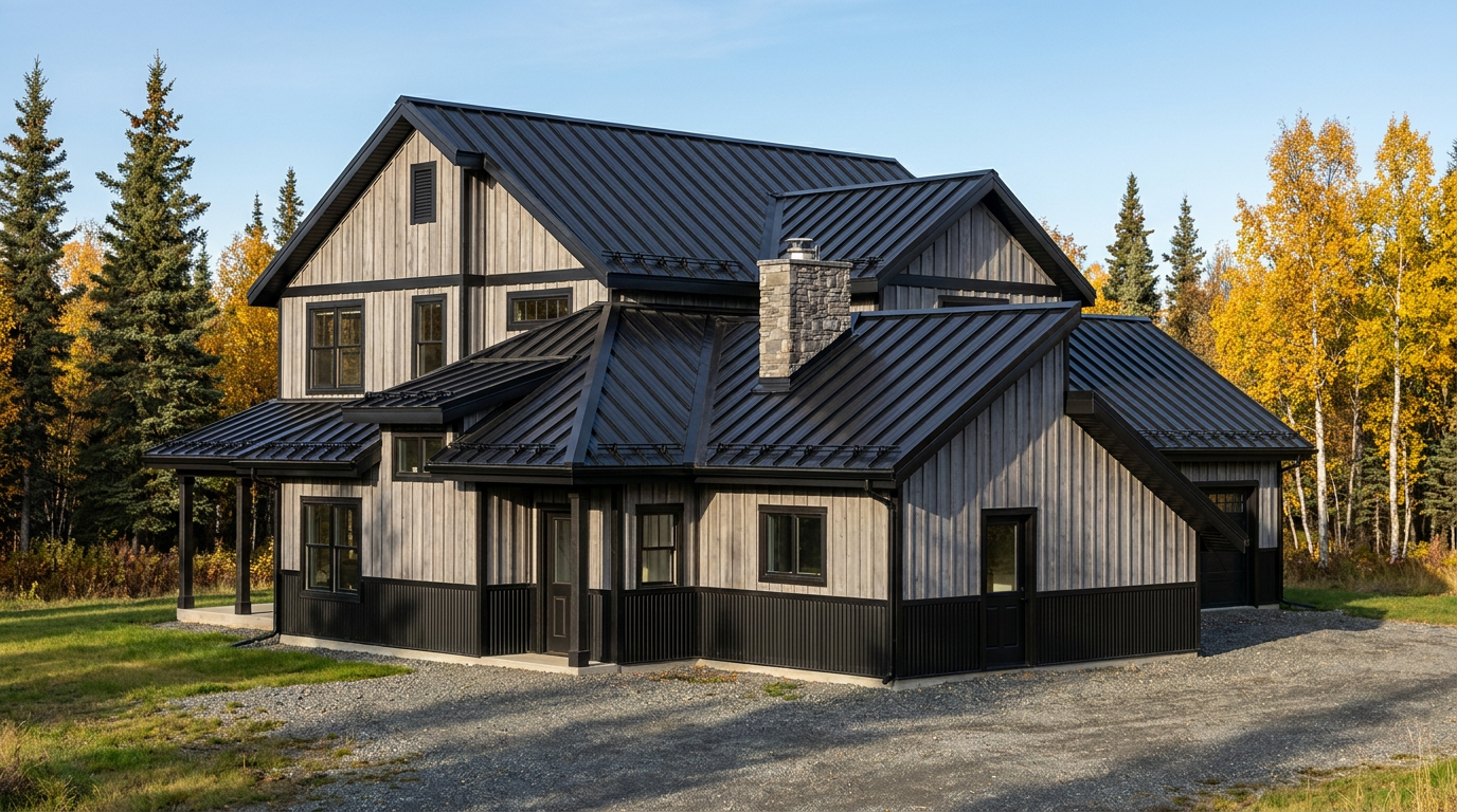 North Star Metals home with dark metal roofing and trim in an autumn Alaska landscape